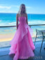 Lovely Hot Pink Organza Strapless A-line Long Evening Prom Dresses, MR0186