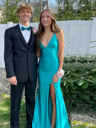 Mermaid Spaghetti Straps Backless Blue Long Evening Prom Dresses, MR0189