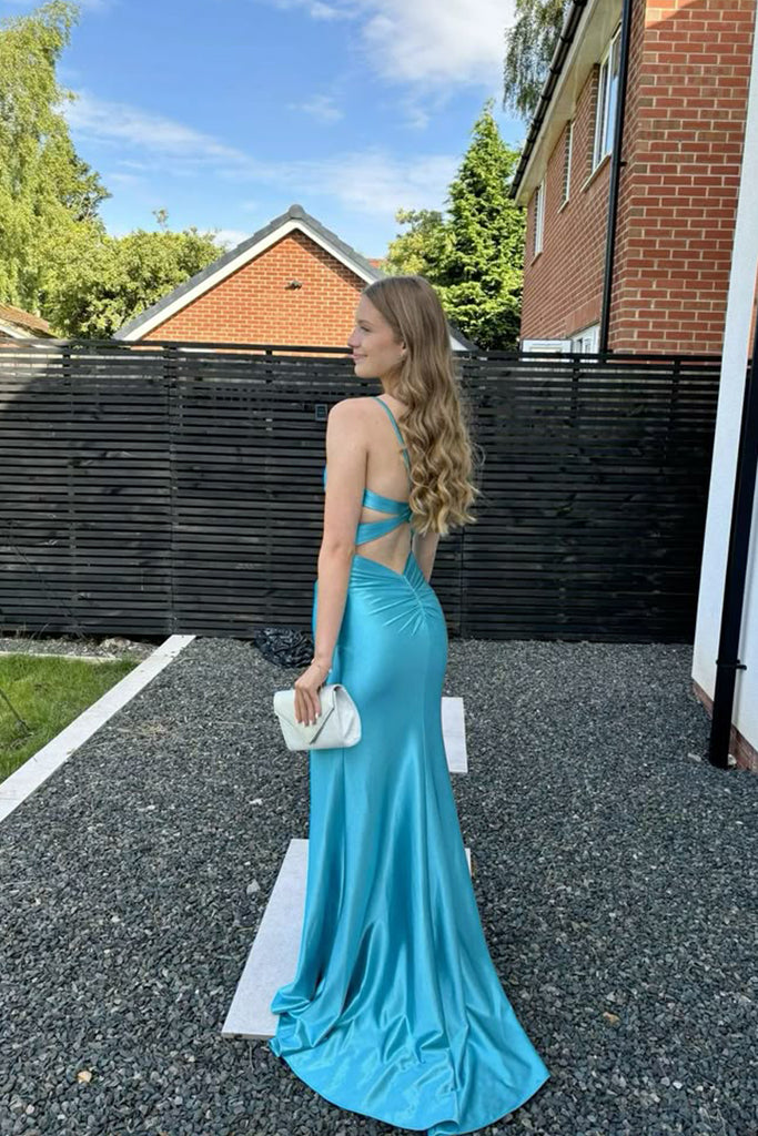 Mermaid Spaghetti Straps Backless Blue Long Evening Prom Dresses, MR0189