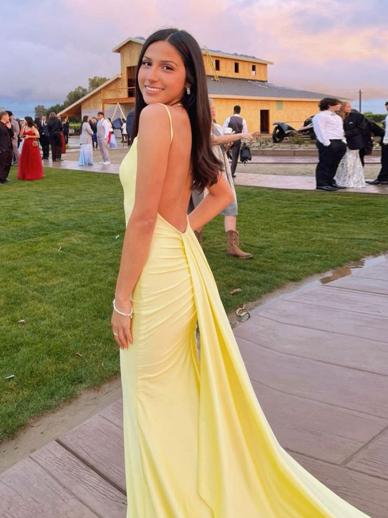 Sexy Yellow Mermaid Spaghetti Straps Long Evening Prom Dresses, MR0190