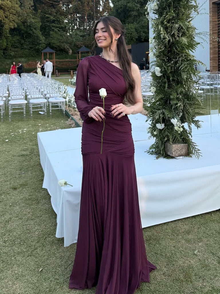 one shoulder long sleeve chiffon dress Column Floor Length Long Sleeve One Shoulder Wedding Guest Dresses Stretch Chiffon With Ruched, As Pic