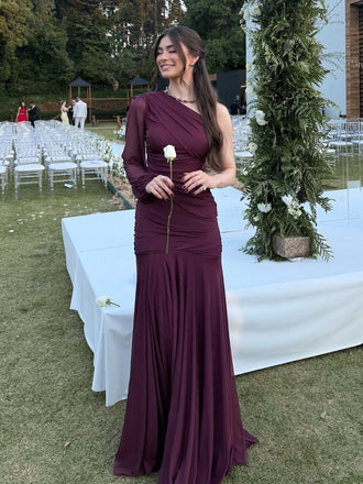 Elegant Long Sleeves One Shoulder Chiffon Long Evening Prom Dresses, MR0192