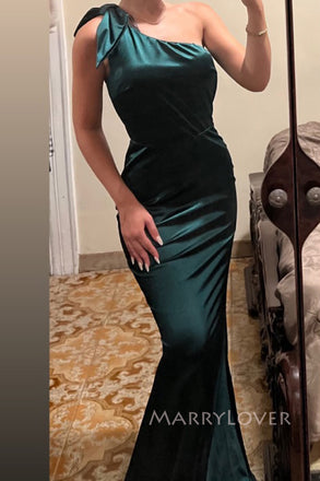 Dark Green Satin Mermaid One Shoulder Long Evening Prom Dresses, MR0197