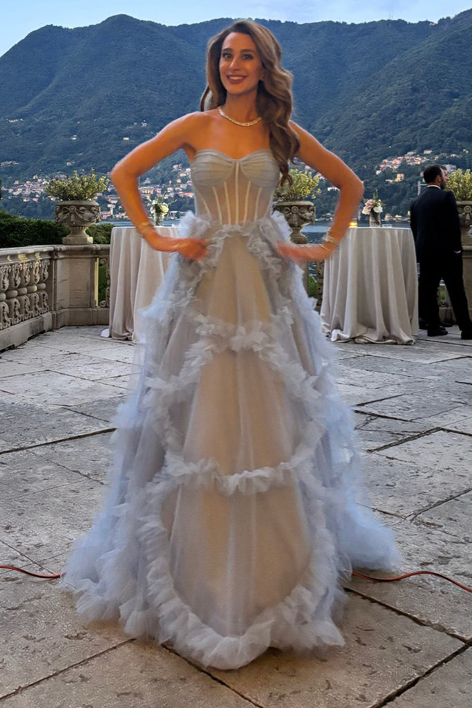 Blue Tulle Sweetheart A-line Long Evening Prom Dresses, MR0198