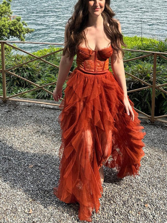 Rust Tulle Lace Sweetheart Long Evening Prom Dresses, MR0200