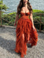 Rust Tulle Lace Sweetheart Long Evening Prom Dresses, MR0200