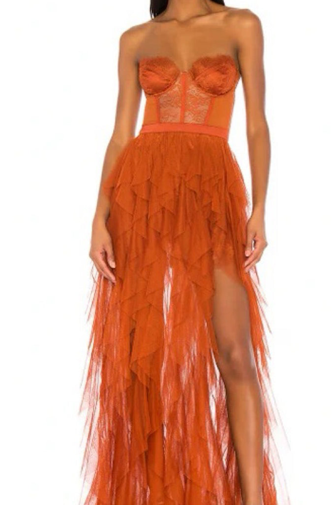 Sexy Sweetheart Rust Tulle Lace Long Evening Prom Dresses, MR0202