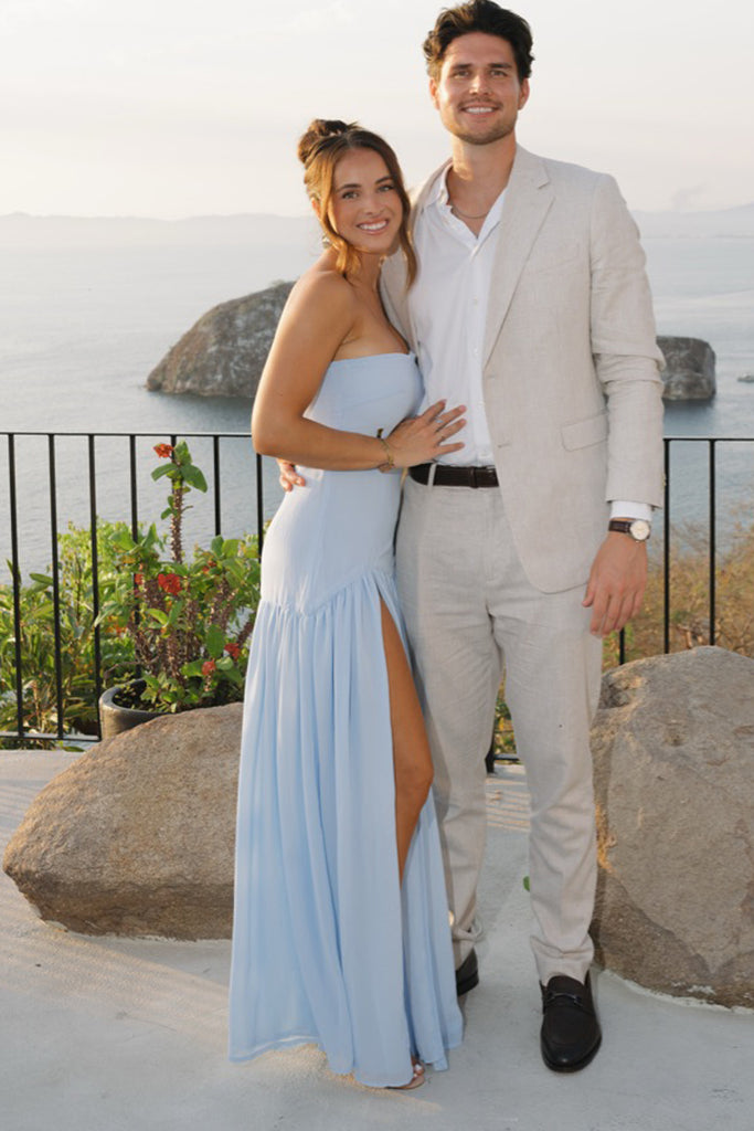 Blue Chiffon Strapless High Slit Long Simple Evening Prom Dresses, MR0205