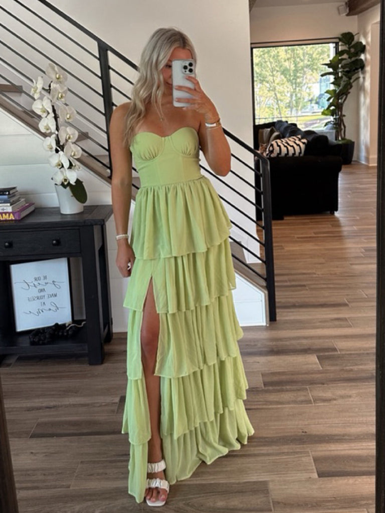 Green Chiffon Sweetheart Side Slit Long Simple Evening Prom Dresses A-line, MR0208