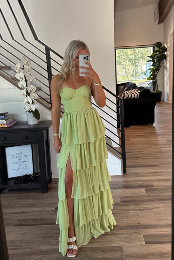 Green Chiffon Sweetheart Side Slit Long Simple Evening Prom Dresses A-line, MR0208