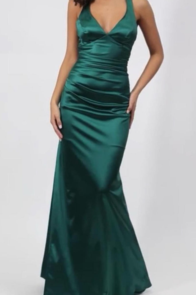 Deep V-neck Green Satin Mermaid Backless Long Evening Prom Dresses, MR0210