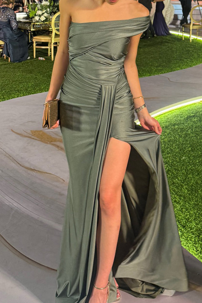 Mermaid Side Slit One Shoulder Long Evening Prom Dresses, MR0211