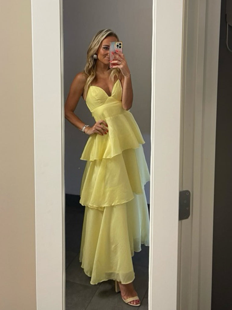 Yellow Chiffon A-line V-neck Long Evening Prom Dresses, MR0213