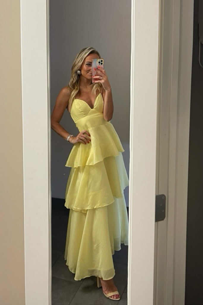 Yellow Chiffon A-line V-neck Long Evening Prom Dresses, MR0213
