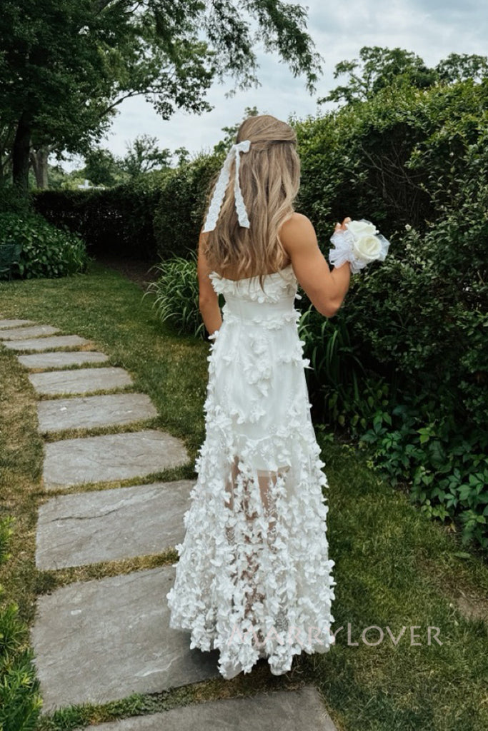 Gorgeous White Tulle Strapless Long Evening Prom Dresses, Appliques Wedding Dress, MR0218