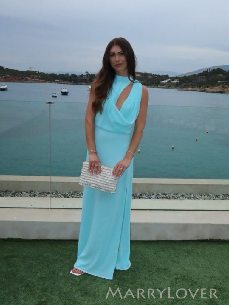 Blue Unique Chiffon High-neck Long Evening Prom Dresses, MR0220