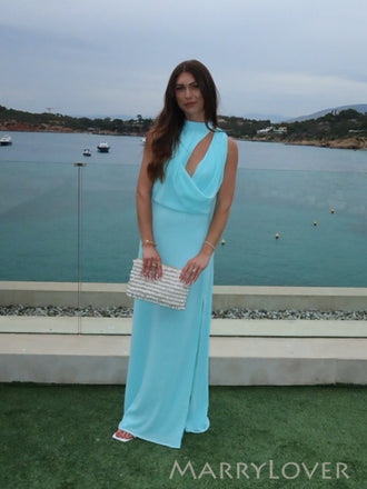 Blue Unique Chiffon High-neck Long Evening Prom Dresses, MR0220