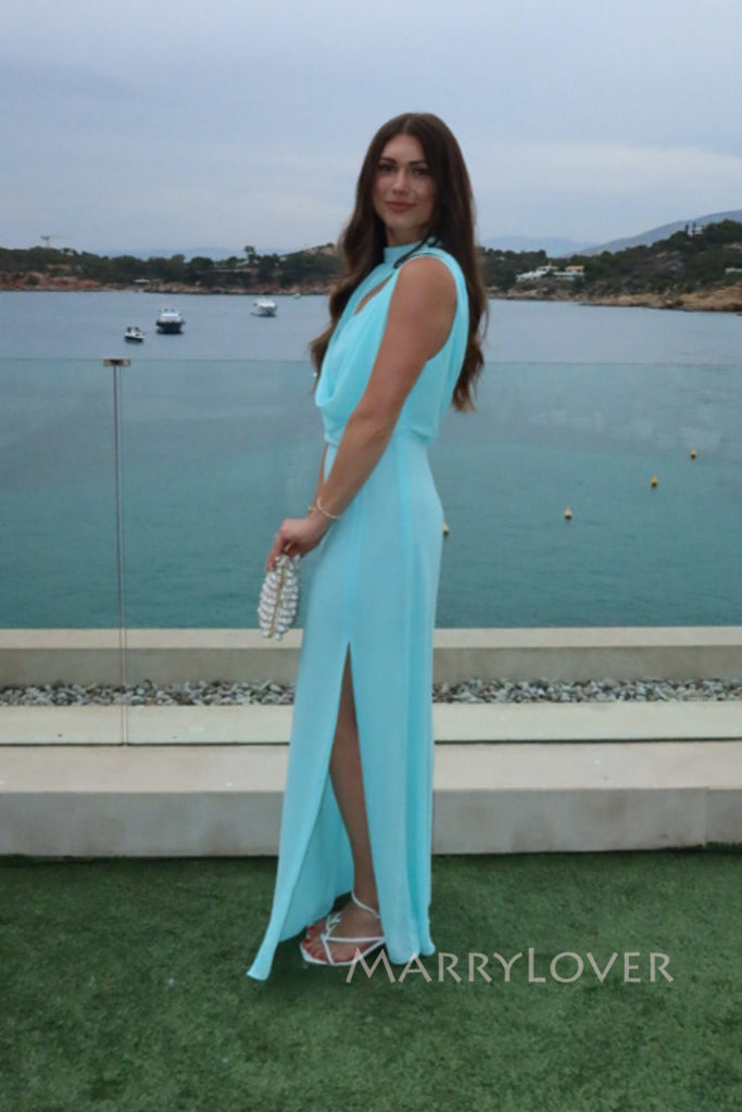 Blue Unique Chiffon High-neck Long Evening Prom Dresses, MR0220