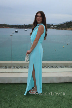 Blue Unique Chiffon High-neck Long Evening Prom Dresses, MR0220