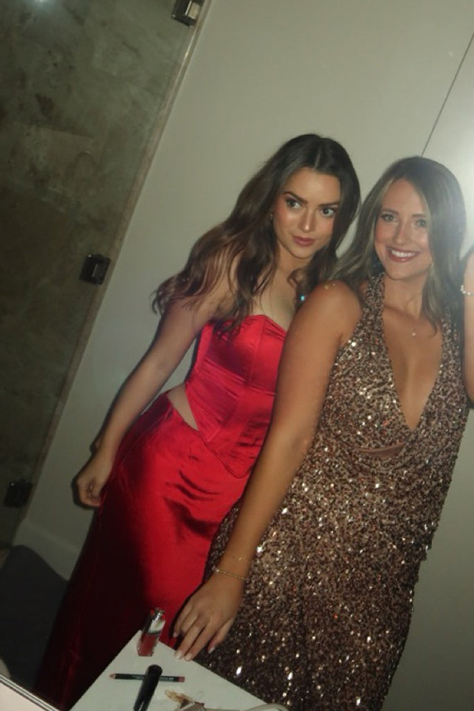 Two-pieces Strapless Red Satin Mermaid Long Evening Prom Dresses, MR0222