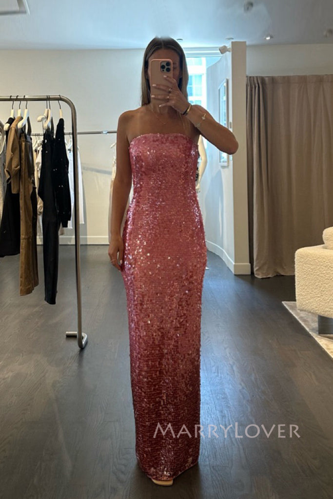 Lovely Strapless Pink Sequins Mermaid Long Evening Prom Dresses, MR0227
