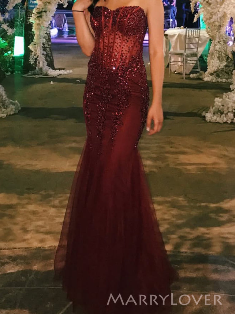Burgundy Tulle Beaded Sweetheart Long Evening Prom Dresses, Mermaid Prom Dress, MR0228