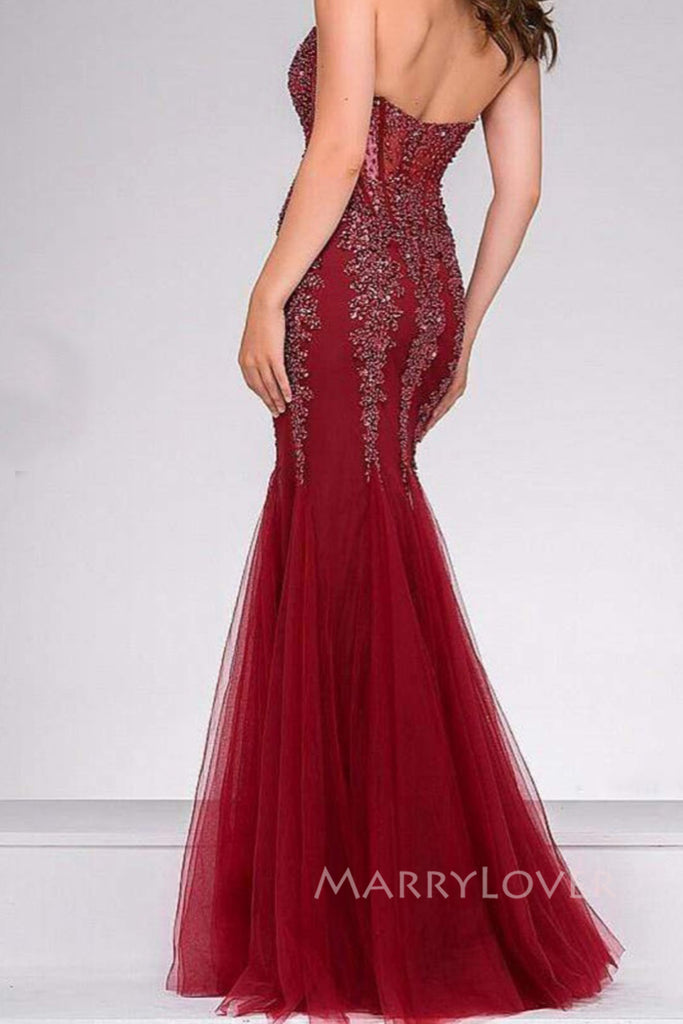 Burgundy Tulle Beaded Sweetheart Long Evening Prom Dresses, Mermaid Prom Dress, MR0228