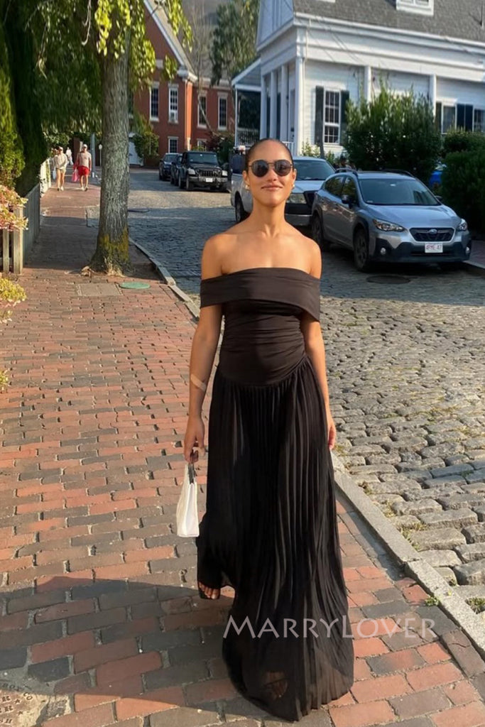 Off Shoulder Black Chiffon A-line Long Simple Evening Prom Dresses, MR0229