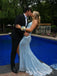 Formal Blue Sequins Appliques Mermaid Long Evening Prom Dresses, V-neck Prom Dress, MR0231
