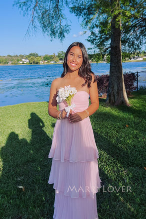 Sweetheart Pink Chiffon A-line Long Evening Prom Dresses, MR0232