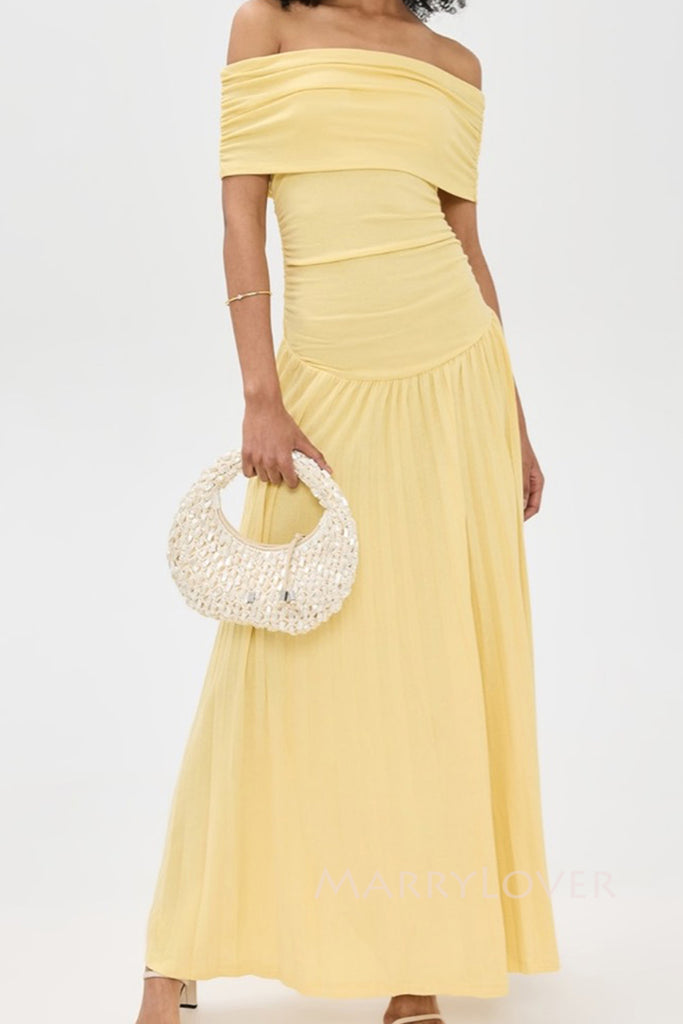 Simple Off Shoulder Chiffon Long Evening Prom Dresses, MR0235