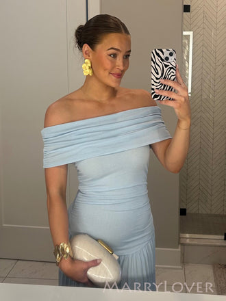 Blue Chiffon Off Shoulder Long Simple Evening Prom Dresses, MR0236