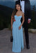Unique Spaghetti Straps Blue Long Evening Prom Dresses Side Slit, MR0241