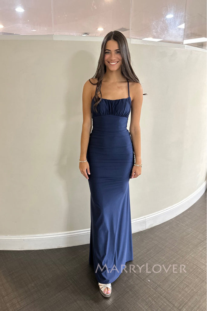 Navy Blue Jersey Mermaid Spaghetti Straps Long Evening Prom Dresses, MR0247