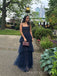 Floor-length Navy Blue Tulle A-line Long Evening Prom Dresses, Spaghetti Straps Prom Dress, MR0248