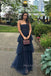 Floor-length Navy Blue Tulle A-line Long Evening Prom Dresses, Spaghetti Straps Prom Dress, MR0248