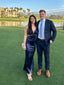 Deep V-neck Navy Blue Satin Mermaid Long Evening Prom Dresses, MR0249