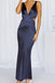 Deep V-neck Navy Blue Satin Mermaid Long Evening Prom Dresses, MR0249