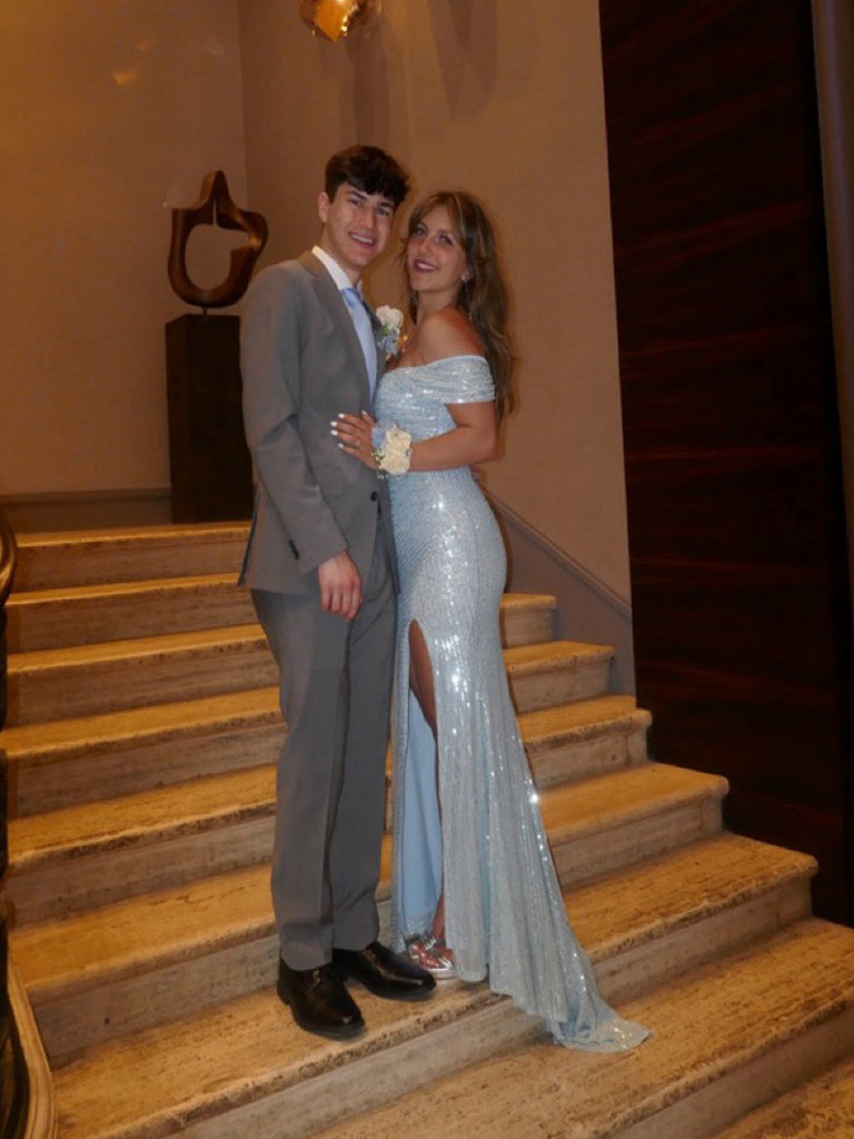 Elegant Blue Squins Mermaid Side Slit Long Evening Prom Dresses, Off Shoulder Prom Dress, MR0251