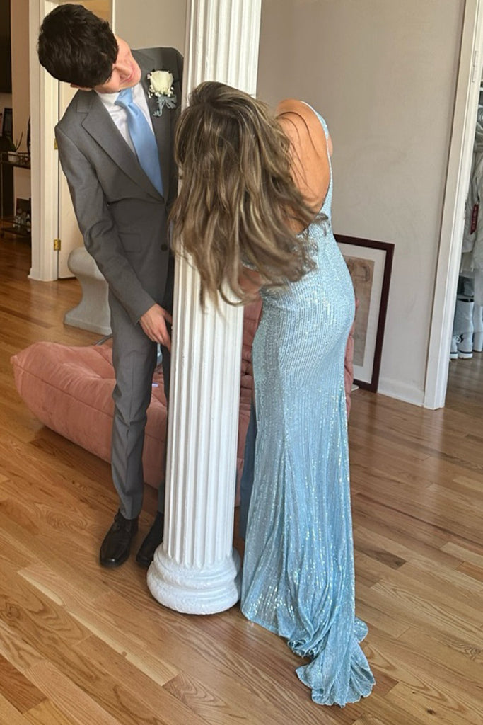 Elegant Blue Squins Mermaid Side Slit Long Evening Prom Dresses, Off Shoulder Prom Dress, MR0251