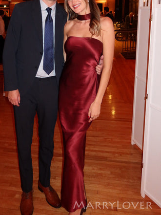 Simple Strapless Burgundy Satin Mermaid Long Evening Prom Dresses, MR0252