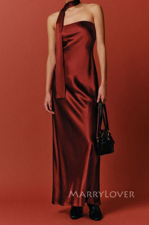 Simple Strapless Burgundy Satin Mermaid Long Evening Prom Dresses, MR0252