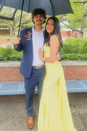 Backless Yellow Spaghetti Straps Mermaid Long Evening Prom Dresses, MR0259