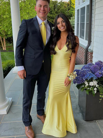 Formal Yellow Mermaid Backless Long Evening Prom Dresses, V-neck Prom Dress, MR0260
