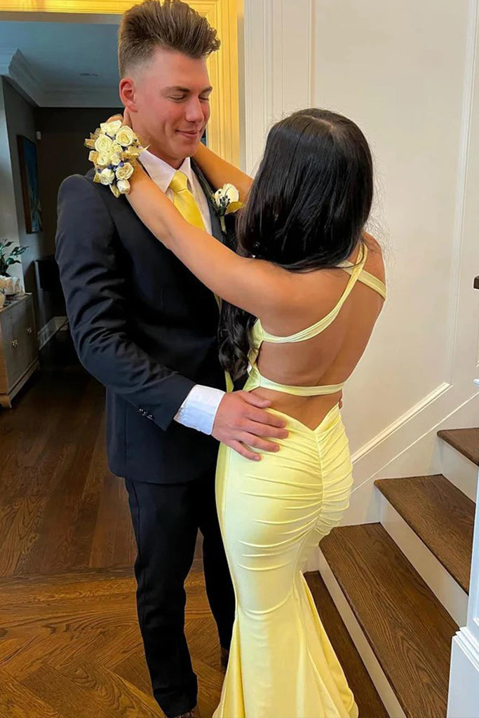Formal Yellow Mermaid Backless Long Evening Prom Dresses, V-neck Prom Dress, MR0260