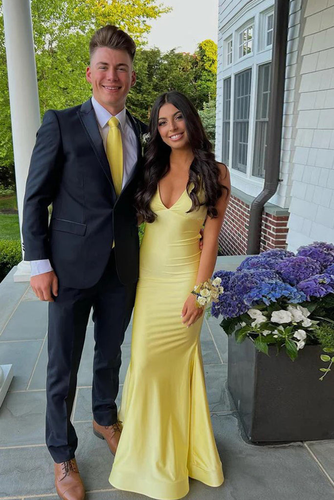 Formal Yellow Mermaid Backless Long Evening Prom Dresses, V-neck Prom Dress, MR0260