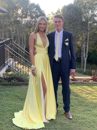 Deep V-neck Yellow Long Evening Prom Dresses, Backless A-line Prom Dress, MR0262