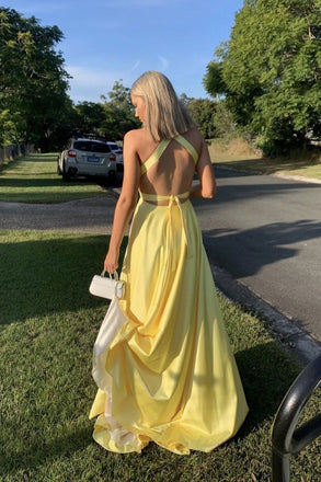 Deep V-neck Yellow Long Evening Prom Dresses, Backless A-line Prom Dress, MR0262