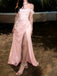 High Slit Pink Satin Off Shoulder Long Evening Prom Dresses, MR0264