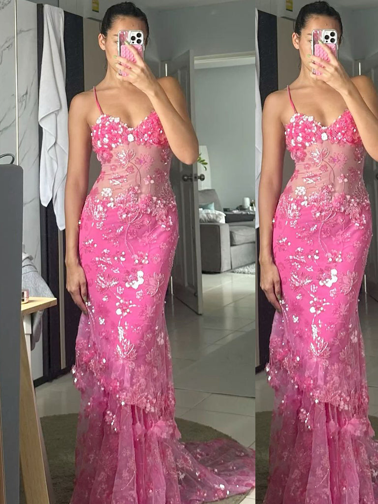 Unique Pink Lace Spaghetti Straps Mermaid Long Evening Prom Dresses, MR0268